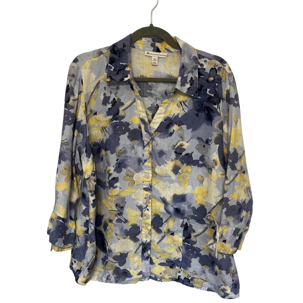 JM Collection Woman 100% Linen Floral Button Down Shirt Blue Yellow 16W